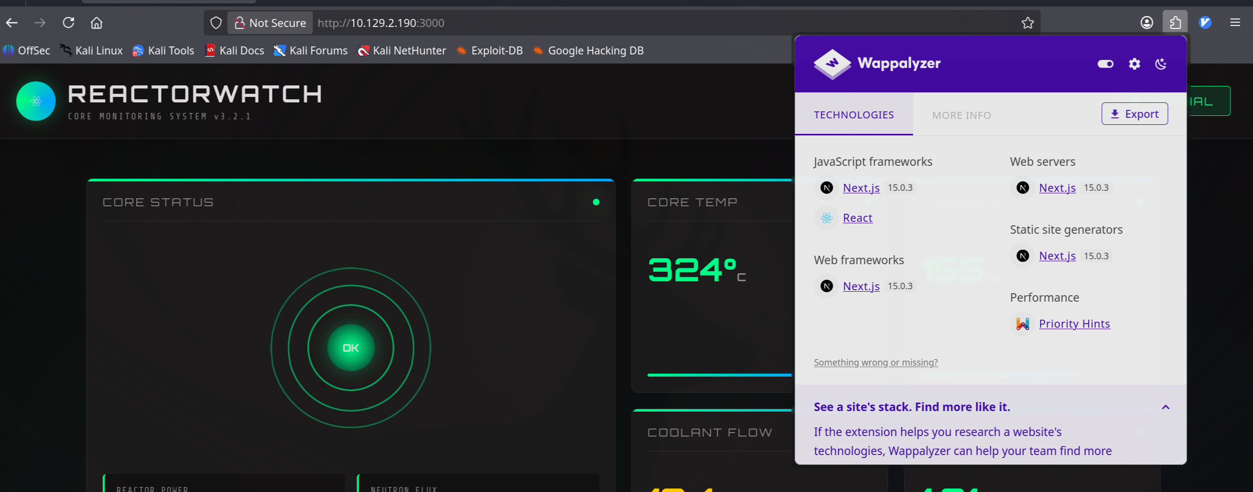 Wappalyzer showing Next.js version 15.0.3 in use on the web server